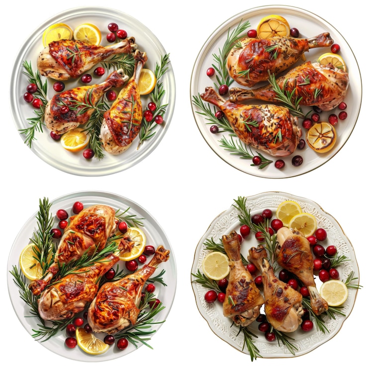 PSD roasted turkey legs with cranberries lemon and rosemary on white plates