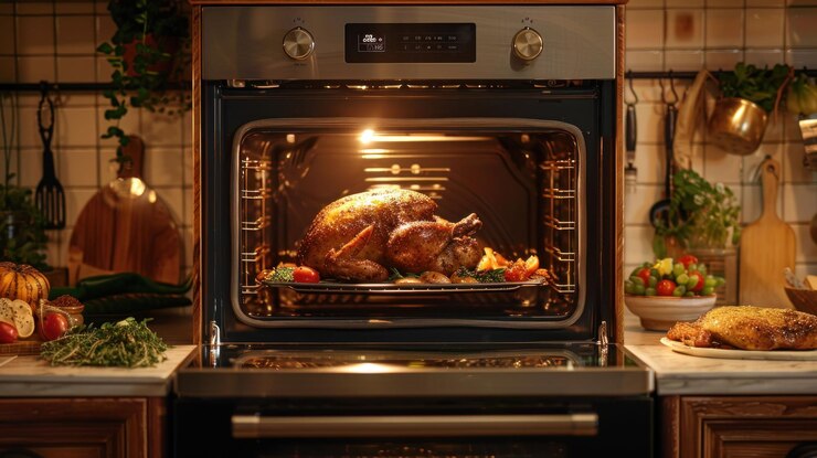 PSD roasted turkey in an oven with vegetables on the side ready for a thanksgiving feast