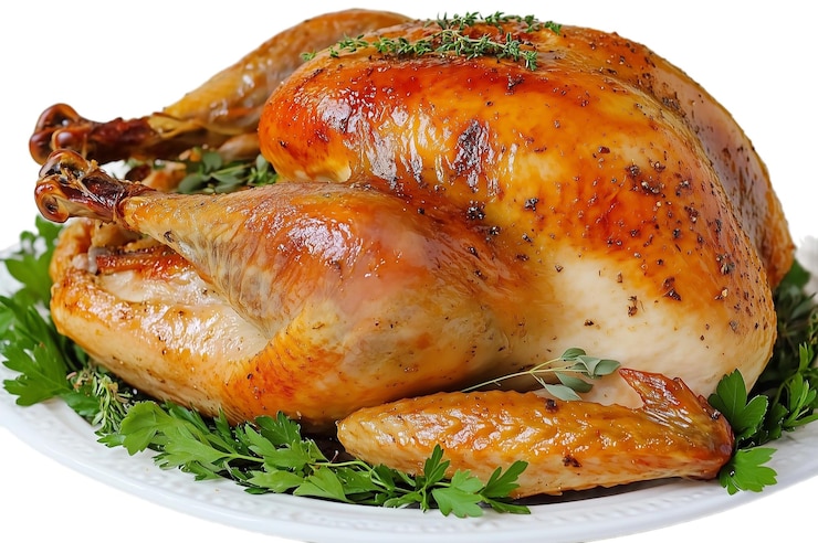PSD roasted whole chicken with herbs and spices on a transparent background
