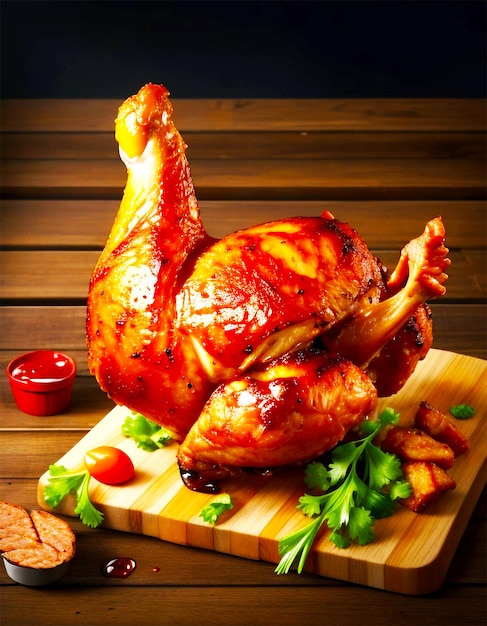 PSD roasted whole chicken on wooden cutting board