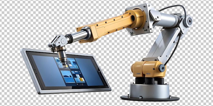 PSD robot arm manipulating a touchscreen tablet in a modern workspace cut out transparent
