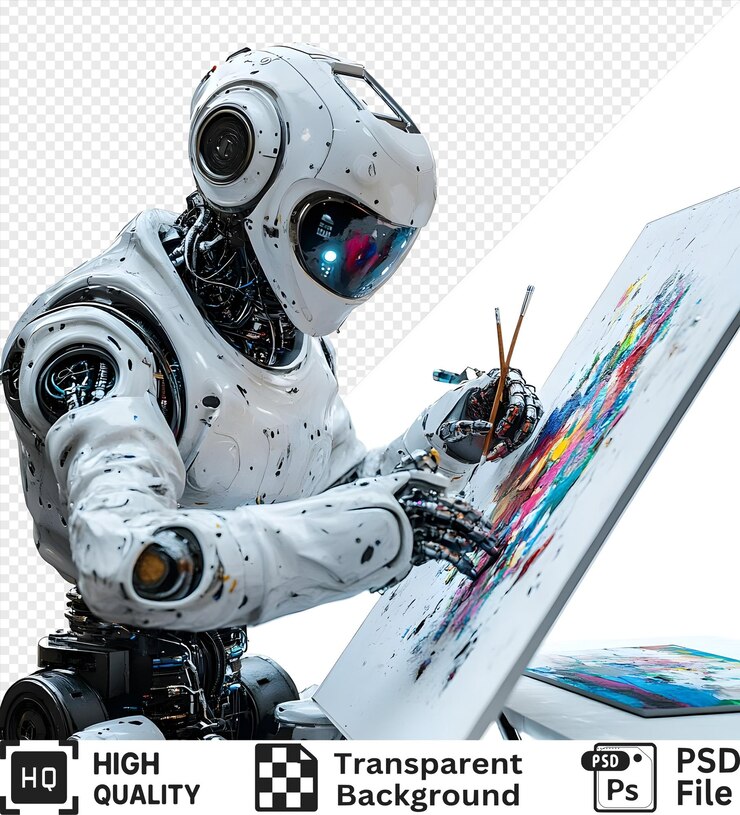 PSD robot artist painting abstract artwork with brushes isolated on transparent background