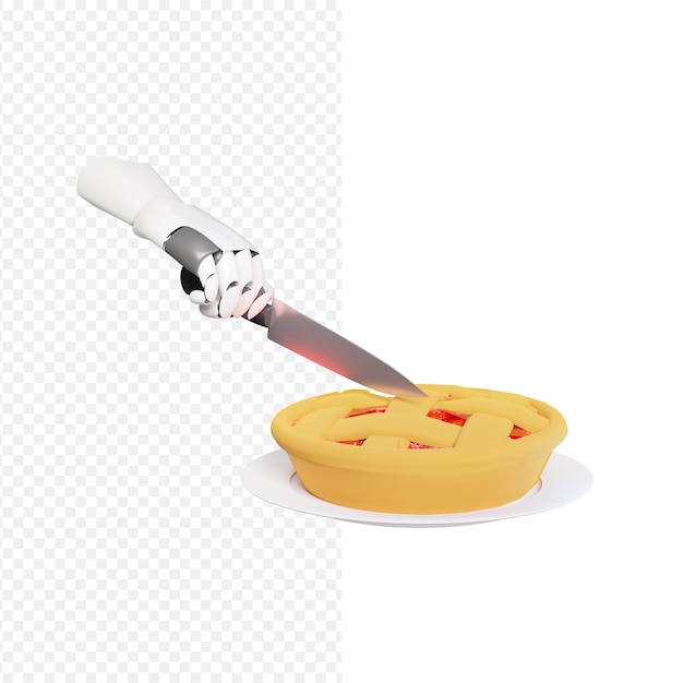 PSD robot hand cuts strawberry pie with knife isolated 3d rendering