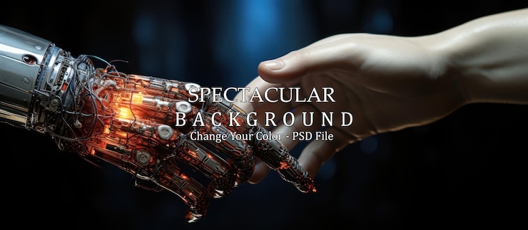 PSD robot hand holding human hand on dark background 3