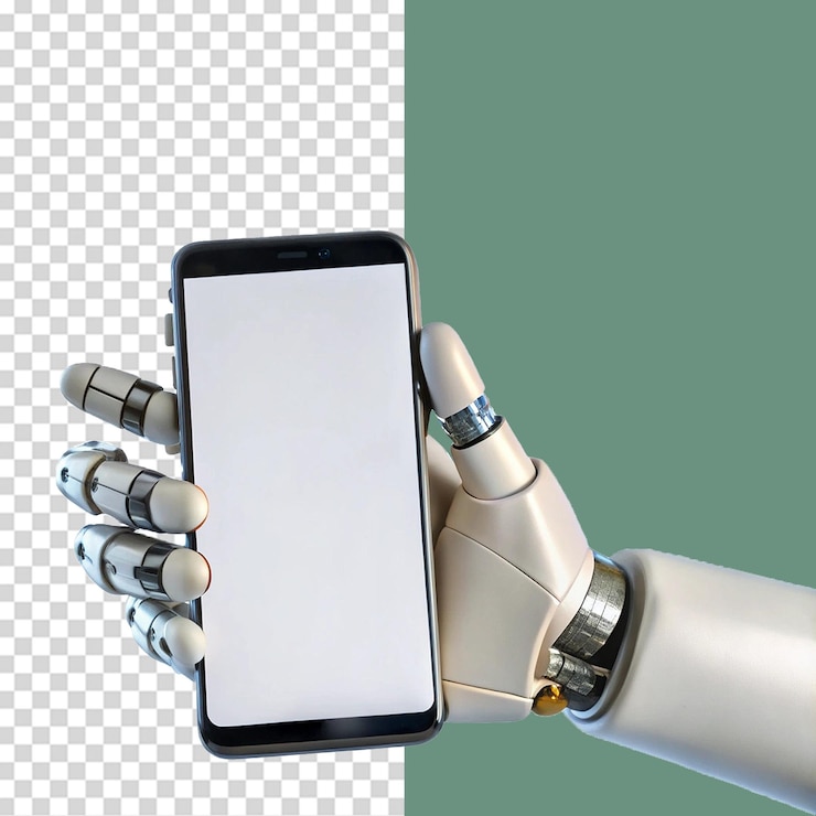 PSD robot hand holding phone blank display isolated on transparent background