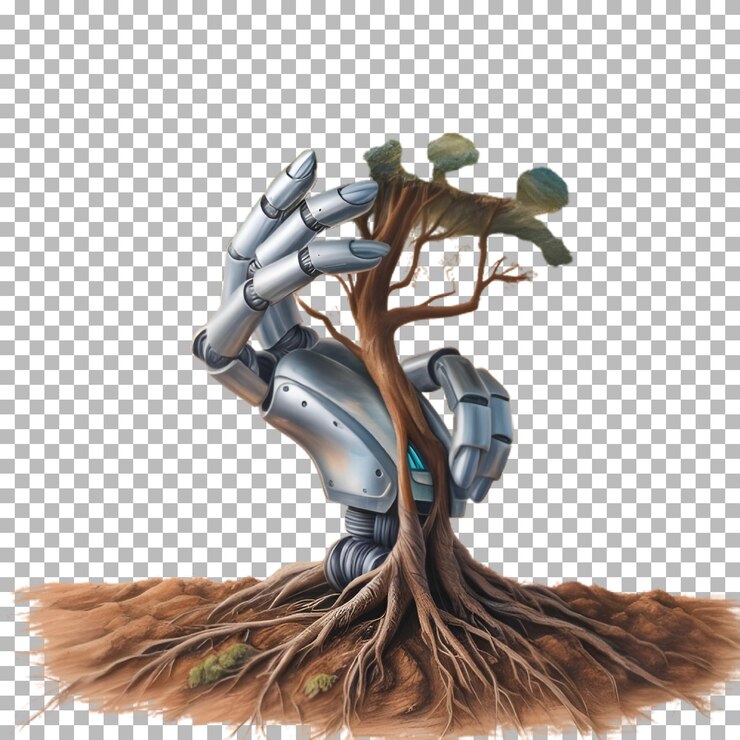 PSD robot hand holding a tree on the ground 3d illustration