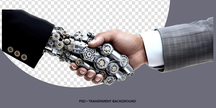 PSD robot hand shakes human businessman hand
