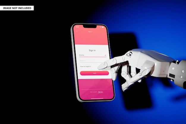 La mano del robot tocca il mockup dello schermo dello smartphone