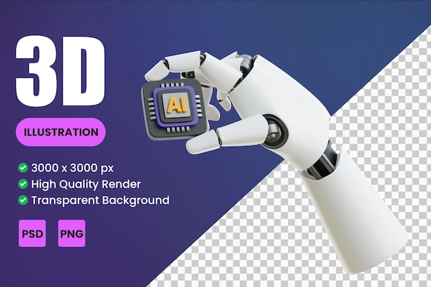 PSD robot hand with ai chip 3d icon illustrations