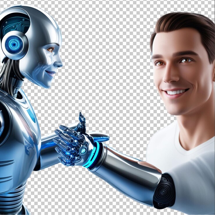 PSD robot handshake human background futuristic digital age on white background