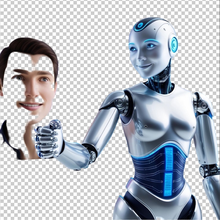 PSD robot handshake human background futuristic digital age on white background