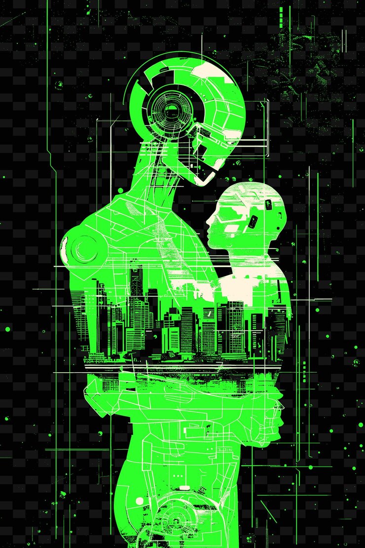 PSD robot holding a human with a cityscape in the background pos png poster background designs