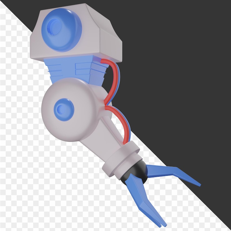 PSD a robot laying on the ground with a blue arm and a red strap