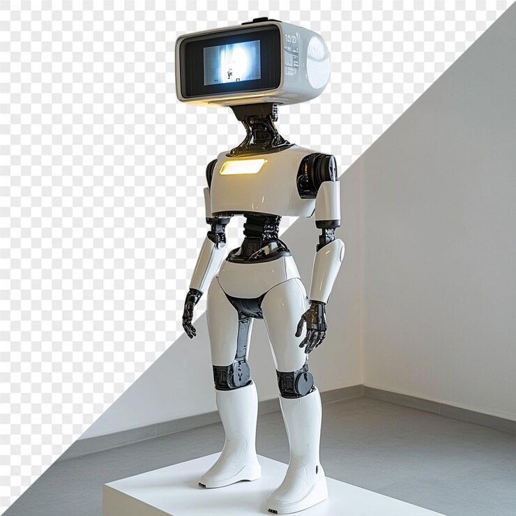 PSD a robot made by a robot is shown with a blue and white background