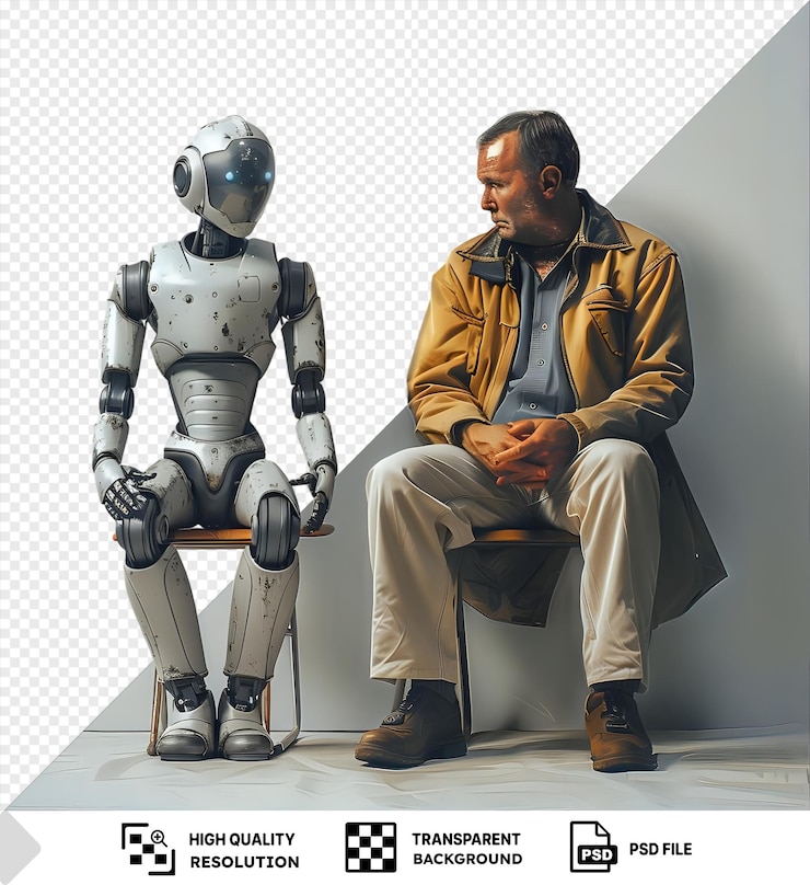 PSD robot and man await job interview in front of white wall dressed for success