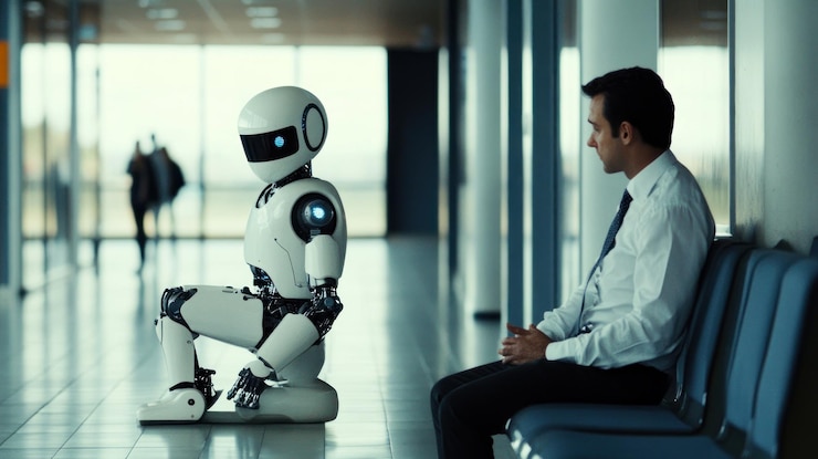 PSD robot and man sitting in a modern waiting area