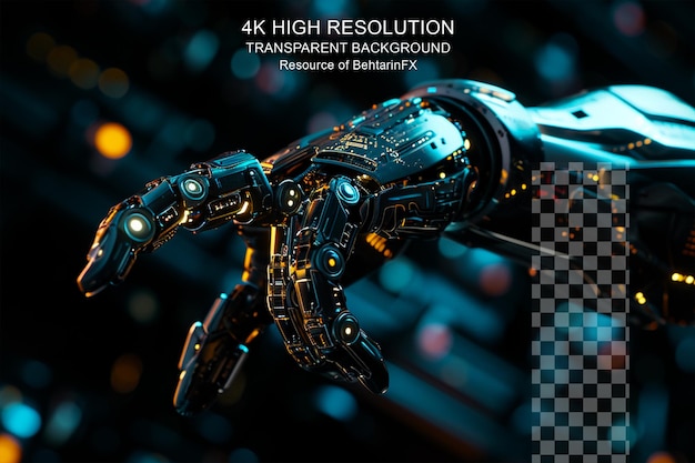 The robot mechanical arm presses the hand and index finger on transparent background