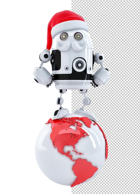 Robot Santa op de top van de wereld. Technologie concept