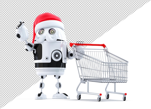 Robot santa with shopping cart pointing at object. isolated