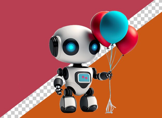 PSD robot trzymający czerwone balony
