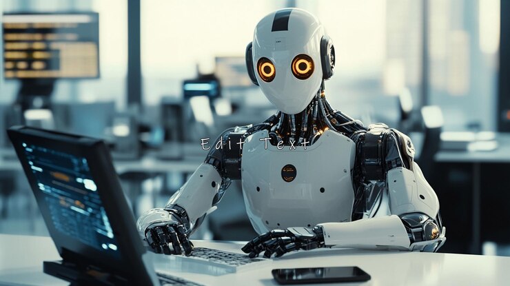 PSD robot using laptop in modern office