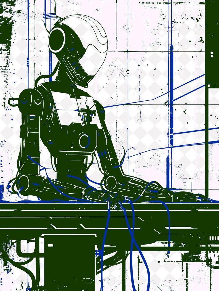 PSD a robot with a green and black background and a green and blue and green background