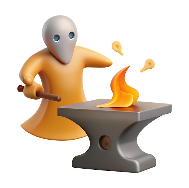 PSD a robot with a hammer and flames on his head