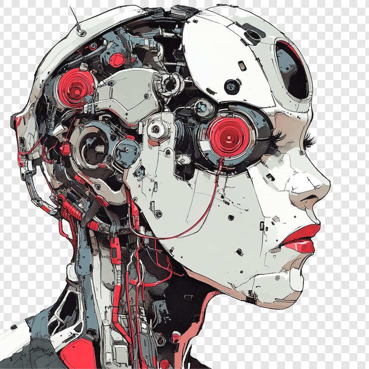 PSD a robot with red eyes and a red lip and black and red eyes