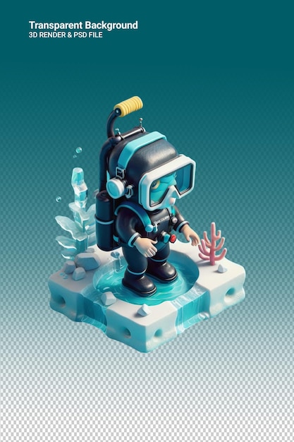 PSD a robot with a scuba mask on his head is standing on an ice cube