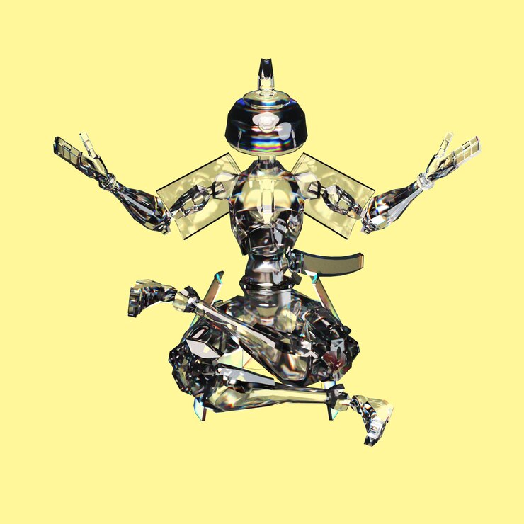 PSD a robot with a sticker on his head and the word  the word  on it