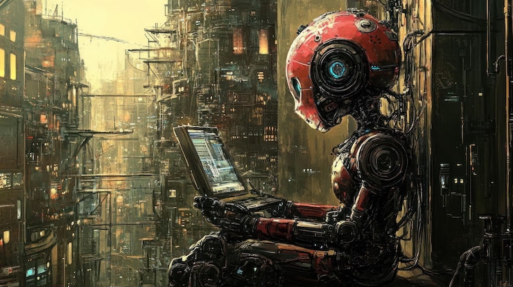PSD robot working on a laptop in a futuristic city