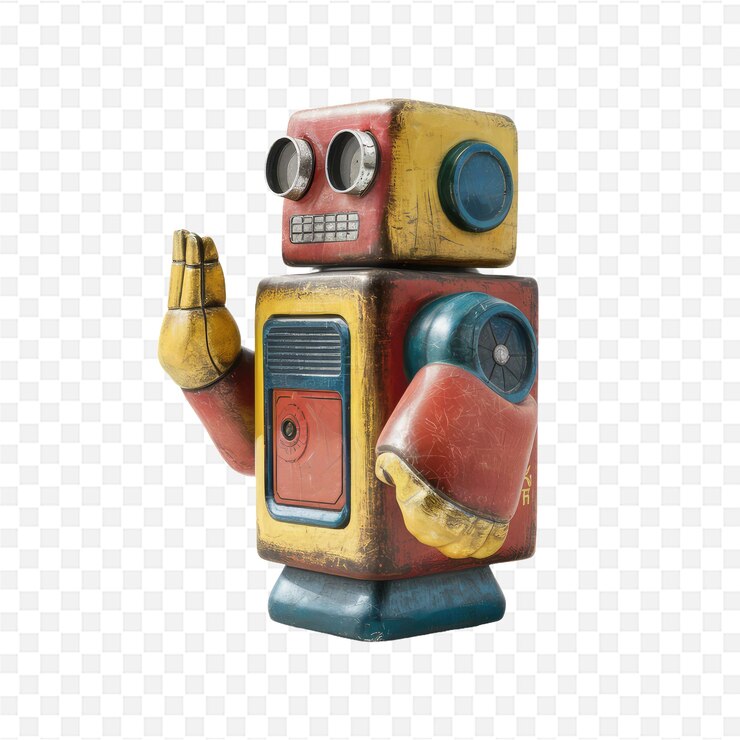 PSD robot z żółtym ciałem i słowem robot na nim