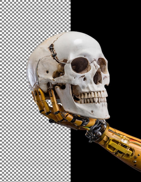 Robotarm die schedel vasthoudt Mix van moderne technologie en menselijke anatomie op transparante achtergrond png