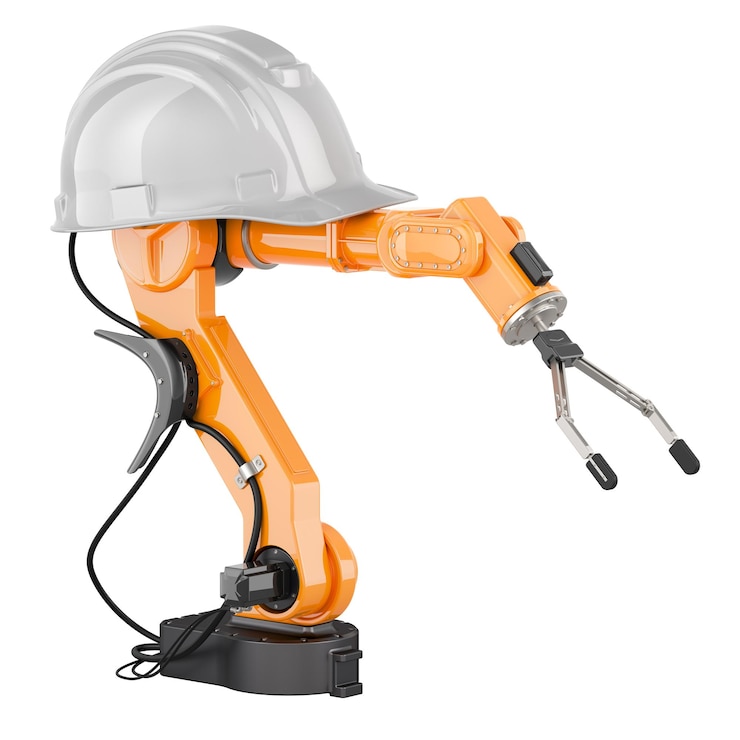 PSD robotarm met transparante harde hoed 3d-weergave geïsoleerd op transparante achtergrond