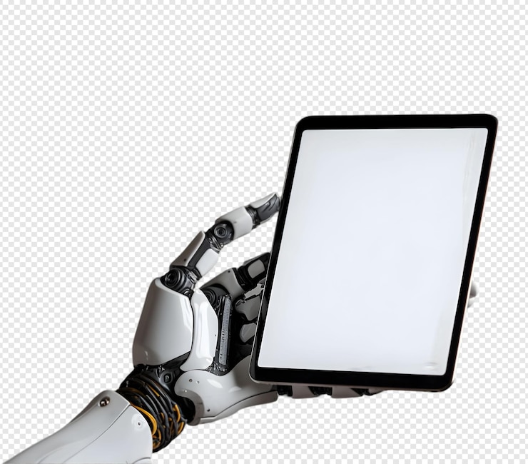 PSD robotic arm displaying tablet technology on white background