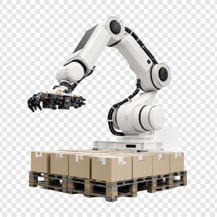 PSD robotic arm handling cardboard boxes on pallet automated warehouse logistics
