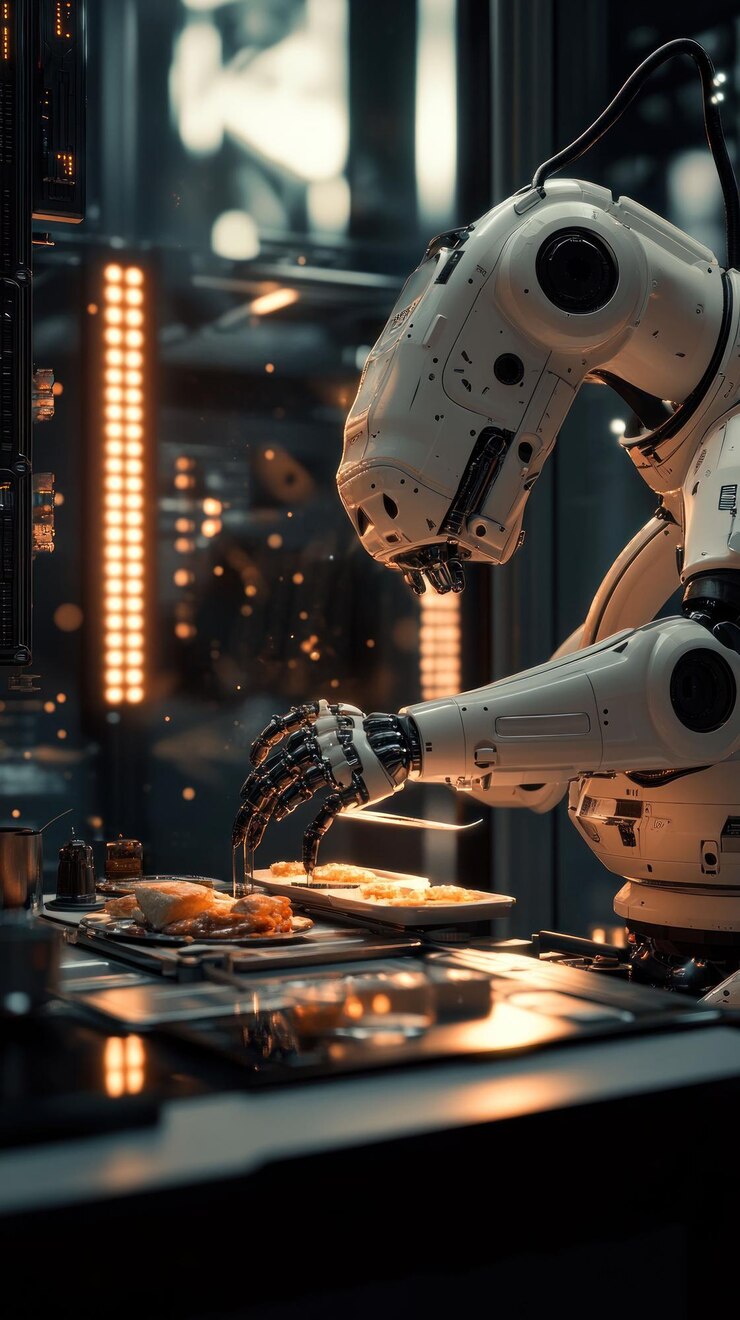 PSD a robotic arm prepares food in a futuristic kitchen