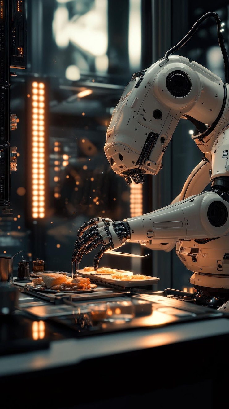 PSD a robotic arm prepares food in a futuristic kitchen