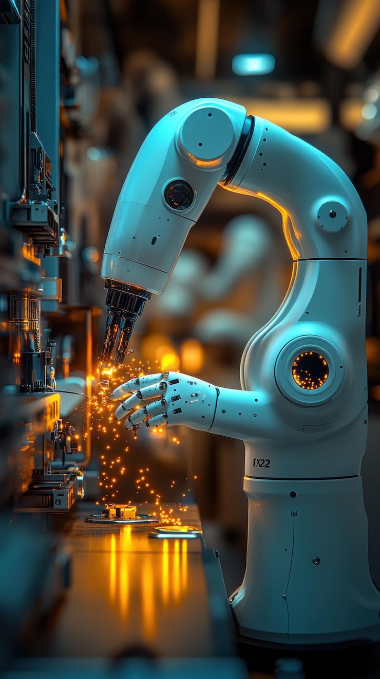PSD a robotic arm welding with sparks flying in a factory setting