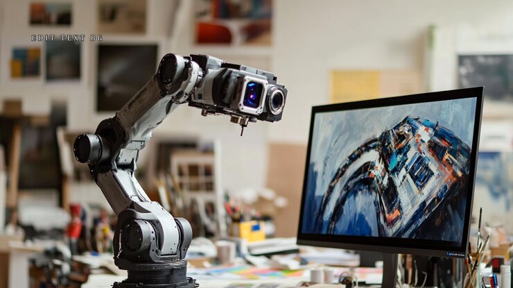 PSD robotic arm with dual cameras captures abstract art on screen in artists studio