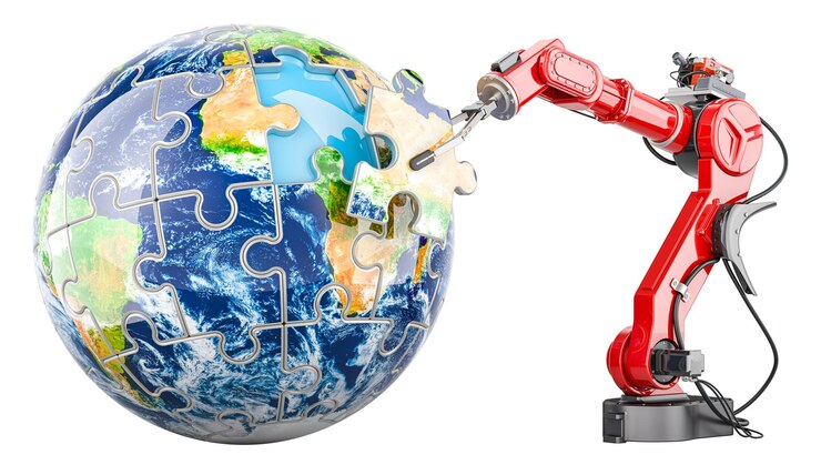 PSD robotic arm with earth globe from puzzle global automation technologies concept 3d rendering isolated on transparent background
