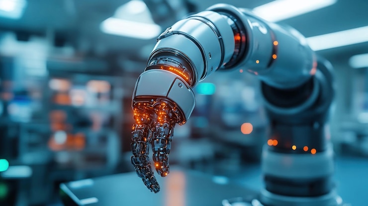 PSD a robotic arm with a glowing hand in a futuristic factory setting