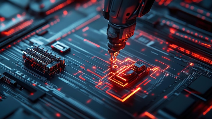 PSD a robotic arm with a glowing tip is assembling a circuit board