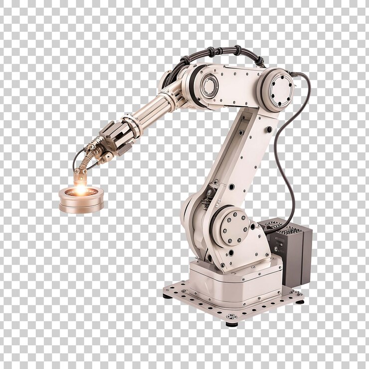 PSD a robotic arm with intricate joints on transparent background