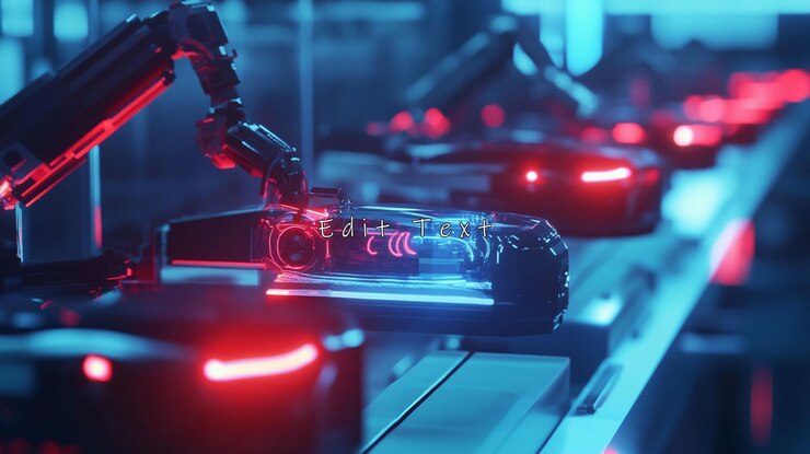 PSD robotic arms assembling futuristic vehicles on a production line