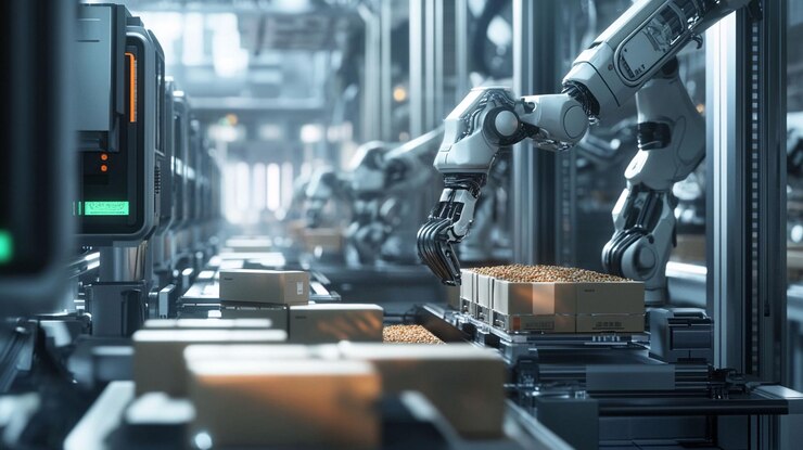 PSD robotic arms on assembly line sorting and placing boxes