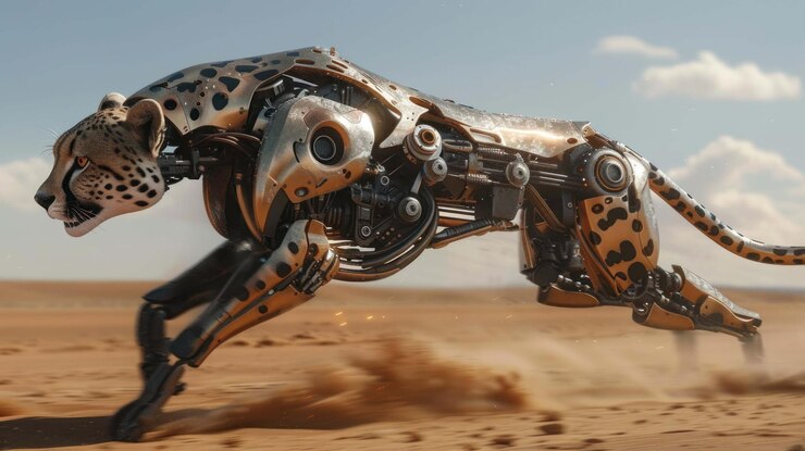 PSD a robotic cheetah runs across a sandy desert leaving a trail of dust in its wake its metallic body is sleek and powerful a testament to the advancements of technology