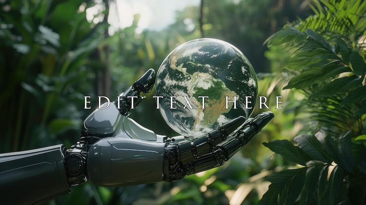 PSD robotic hand gently holding a glass earth globe amidst lush green rainforest foliage