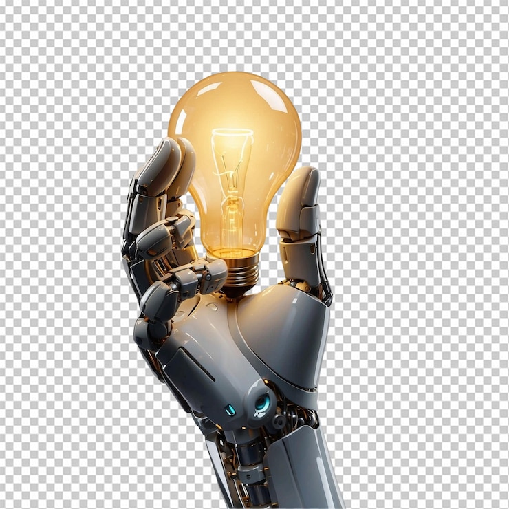 PSD robotic hand holding a glowing light bulb