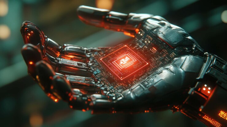 PSD robotic hand holding glowing microchip